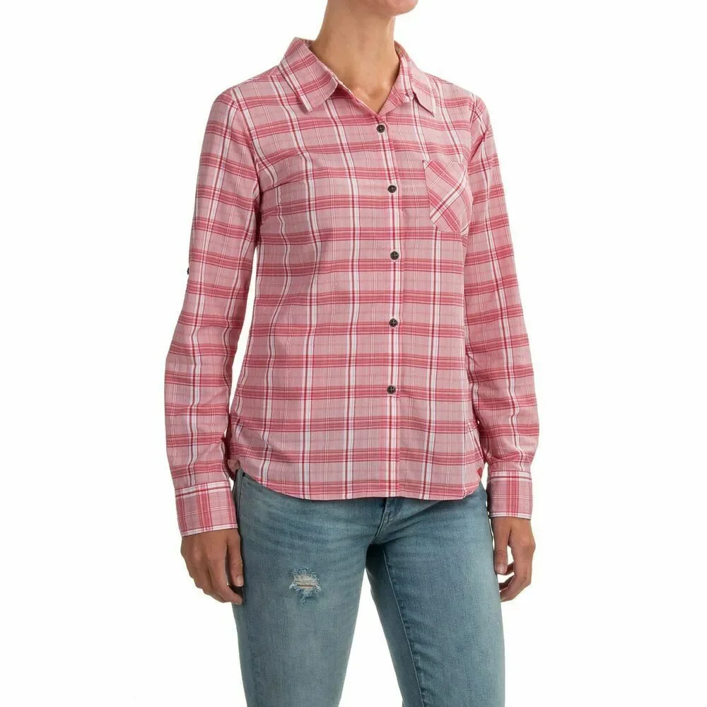 New Womens NWT Prana M Bronwyn Pink Top Plaid Organic Casual Button Down UPF 30 - Picture 1 of 5